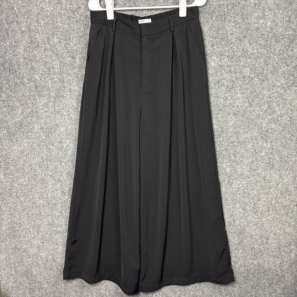 TronJori Pants Womens Size L Black Palazzo Wide Leg High Waist Pleated ankle
